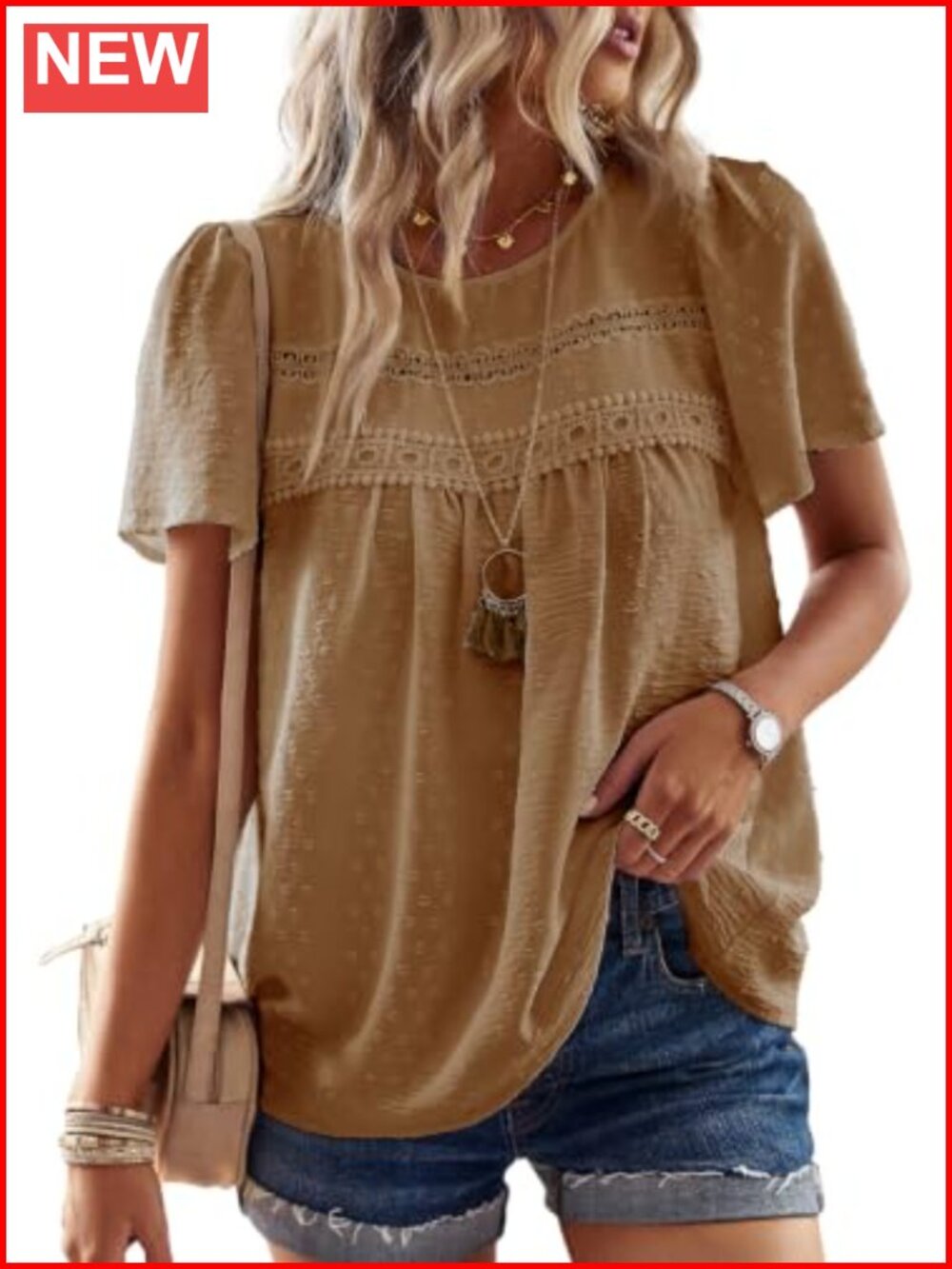 Womens Boho Crochet Lace Short Sleeve Top Casual Loose Fit Blouse